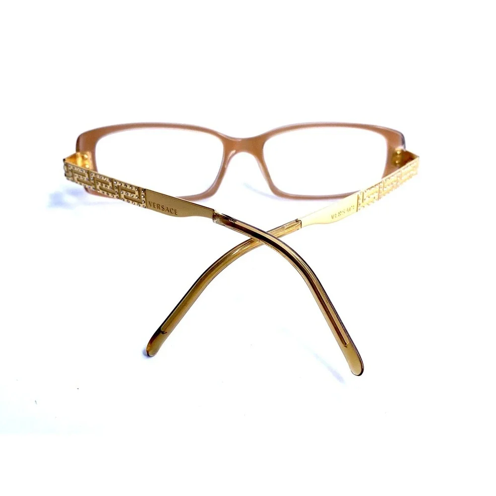 Versace Brown Beige Rectangular Eyeglasses Crystal Greek Key MOD 3093-B 592